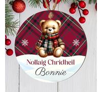 Scottish Heritage Nollaig Chridheil Bauble Tartan Designs Stag Head Highland Cow Thistle - Personalised Christmas Tree Name Keepsake (Teddy, MDF Wood - Indoor use only)