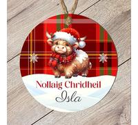 Scottish Heritage Nollaig Chridheil Bauble Tartan Designs Stag Head Highland Cow Thistle - Personalised Christmas Tree Name Keepsake (Highland Cow, MDF Wood - Indoor use only)