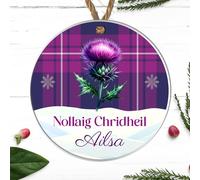 Scottish Heritage Nollaig Chridheil Bauble Tartan Designs Stag Head Highland Cow Thistle - Personalised Christmas Tree Name Keepsake (Thistle, Acrylic - Indoor & Outdoor use)