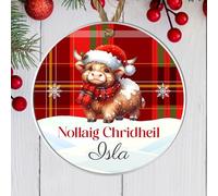 Scottish Heritage Nollaig Chridheil Bauble Tartan Designs Stag Head Highland Cow Thistle - Personalised Christmas Tree Name Keepsake (Highland Cow, Acrylic - Indoor & Outdoor use)