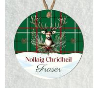 Scottish Heritage Nollaig Chridheil Bauble Tartan Designs Stag Head Highland Cow Thistle - Personalised Christmas Tree Name Keepsake (Stag Head - Green, MDF Wood - Indoor use only)