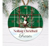 Scottish Heritage Nollaig Chridheil Bauble Tartan Designs Stag Head Highland Cow Thistle - Personalised Christmas Tree Name Keepsake (Stag Head - Green, Acrylic - Indoor & Outdoor use)
