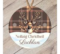 Scottish Heritage Nollaig Chridheil Bauble Tartan Designs Stag Head Highland Cow Thistle - Personalised Christmas Tree Name Keepsake (Stag Head - Brown, MDF Wood - Indoor use only)