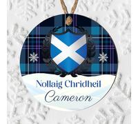Scottish Heritage Nollaig Chridheil Bauble Tartan Designs Stag Head Highland Cow Thistle - Personalised Christmas Tree Name Keepsake (Shield, MDF Wood - Indoor use only)