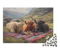 Scottish Highland Cattle Picnicking on The Grass 52x38cm/1000pcs Erwachsenenpuzzle - Erwachsenenpuzzle DIY-Puzzlespielzeug