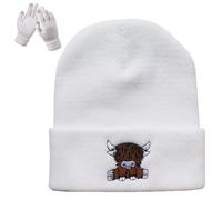 Scottish Highland Cow Beanie Gloves Women Cute Scotch Cow Knitted Hat Autumn Winter Warm Hip Hop Hat Unisex Ski Hat (UK, Alpha, One Size, White)
