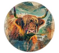 Scottish Highland Cow Jigsaw 1000 Piece Round Puzzle Mountains Jigsaw Puzzles Impossible Puzzle for Teenagers And Adults 1000pcs (67.5x67.5cm)