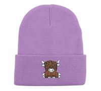 Scottish Highland Cow Knitted Hat Unisex Winter Accessory Warm Ski Hat with Matching Gloves as Stylish Women's Set, purple, One Size