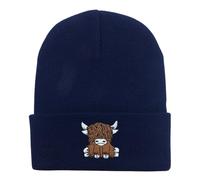 Scottish Highland Cow Knitted Hat Unisex Winter Accessory Warm Ski Hat with Matching Gloves as Stylish Women's Set, navy, One Size