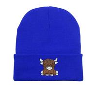 Scottish Highland Cow Knitted Hat Unisex Winter Accessory Warm Ski Hat with Matching Gloves as Stylish Women's Set, blue, One Size