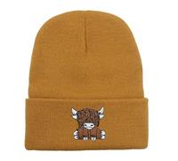 Scottish Highland Cow Knitted Hat Unisex Winter Accessory Warm Ski Hat with Matching Gloves as Stylish Women's Set, khaki, One Size
