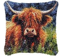 Scottish Highland Cow Latch Hook Kits Pillow DIY Rug Crochet Hook Cushion Making Kits Printed Pattern Canvas Pillowcase Hooking Kits Pillow Cover Crochet Kits 43x43cm(j20)