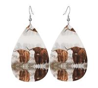 Scottish Highland Cow Printed Teardrop Pendant Leather Earrings | Lightweight and Versatile Earrings | Suitable for Daily Commute and Date Wear