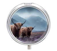 Scottish Highland Cow Round Pill Box Organiser 3 Compartment Medicine Case