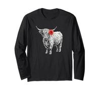 Scottish Highland Cow Sketch Art Red Flower Long Sleeve T-Shirt