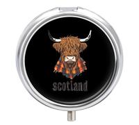 Scottish Highland Cow Small Pill Organizer for Travel Portable Mini Pills Box with 3 Compartments Round Medicine Case Container