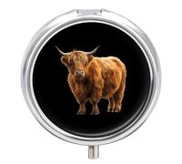 Scottish Highland Cow Small Pill Organizer with 3 Compartments Travel Medicine Case Portable Round Vitamin Storage Box