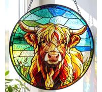 Scottish Highland Cow Stained Glass Suncatcher, Farmhouse Decoration, Kitchen Window Decor, Rustic Country Cottage Art Gift for Highland Cow Lovers