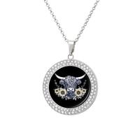 Scottish Highland Cow Sunflowers Multicolored Diamond Necklace Dainty Round Pendants Jewelry for Women Silver-style