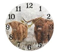 Scottish Highland Cow Western Round Gold Wall Clock Home Girls Room Decor Non Ticking Atomic Quartz Silent Neutral Country Farmhouse Brown Battery Operated 10 Inch Time for Bedroom Gym Decorative