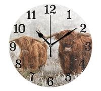 Scottish Highland Cow Western Round Wall Clock Home Boys Room Decor Non Ticking Clock Atomic Quartz Silent Neutral Country Farmhouse Brown Battery Operated 10 Inch Time Decorative for Bedroom Gym