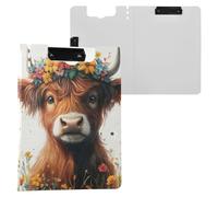 Scottish Highland Cow with Floral Crown Clipboard Horizontal and Vertical Double Clips Clip Board with Cover Clipboard Binderfolio Doctors Supplies