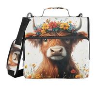 Scottish Highland Cow with Floral Crown Zippered Binder Bag with Shoulder Strap Multiple Pockets 1.5 Inch 3 Rings Pencil Case Portfolio Binder School Supplies Organizer