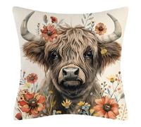 Scottish Highland Cows Pillow Cover，Highland Cow Gifts, Highland Cow Cushion Covers, 18x18 Inch (45x45cm), Floral Animal Print Decorative Pillow Case for Sofa Couch Living Room Farmhouse Decor