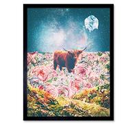 Scottish Highland Hairy Coo Trippy Psychedelic Landscape Space Art Print Framed Poster Wall Decor 12X16 Inch