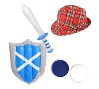 Scottish Highland Warrior Fancy Dress Set - 5-Piece Accessory Kit Red Tartan Trilby Hat, Inflatable Sword & Shield and Blue & White Face Paint - Perfect for Scotland Fans & Events - Adults Fancy Dress