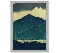 Scottish Highlands Lake Mountains Blue Linocut Artwork Framed Wall Art Print A4 Artery8 Light Grey One Size