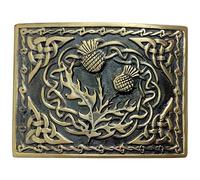 Scottish Kilt Belt with Buckle Antique Finish, various style buckle Thistle, Celtic Knot 2.25" Wide Black Leather belt 4 size, Highland Wear (Medium Belt, Thistle Style Belt, Thistle cross Knot)