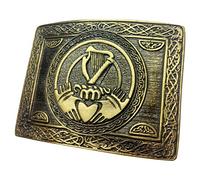 Scottish Kilt Belt with Buckle Antique Finish, various style buckle Thistle, Celtic Knot 2.25" Wide Black Leather belt 4 size, Highland Wear (XL Belt, Lion Rampant Belt, Claddagh Harp)