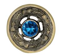 Scottish Kilt Brooch 2" Antique Brass, Multi Colour Stone, Thistle Fly Plaid & Shawl Pin, Luxury Highland Dress Accessory for Women (Antique - Light Blue)