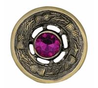 Scottish Kilt Brooch 2" Antique Brass, Multi Colour Stone, Thistle Fly Plaid & Shawl Pin, Luxury Highland Dress Accessory for Women (Antique - Fuchsia)