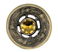 Scottish Kilt Brooch 2" Antique Brass, Multi Colour Stone, Thistle Fly Plaid & Shawl Pin, Luxury Highland Dress Accessory for Women (Antique - Yellow)