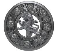 Scottish Kilt Fly Plaid Brooch - Premium Antique Silver Thistle Design with Clan Badges Highland Dress Pin Men Women Tartan Sash Accessory (Lion Rampant - Silver Antique)