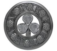 Scottish Kilt Fly Plaid Brooch - Premium Antique Silver Thistle Design with Clan Badges Highland Dress Pin Men Women Tartan Sash Accessory (Irish Shamrock - Silver Antique)
