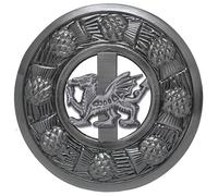Scottish Kilt Fly Plaid Brooch - Premium Antique Silver Thistle Design with Clan Badges Highland Dress Pin Men Women Tartan Sash Accessory (Welsh Dragon - Silver Antique)