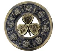Scottish Kilt Fly Plaid Brooch - Premium Antique Silver Thistle Design with Clan Badges Highland Dress Pin Men Women Tartan Sash Accessory (Irish Shamrock - Brass Antique)