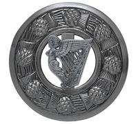 Scottish Kilt Fly Plaid Brooch - Premium Antique Silver Thistle Design with Clan Badges Highland Dress Pin Men Women Tartan Sash Accessory (Queen Harp - Silver Antique)