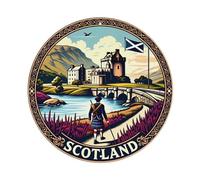 Scottish Landscape Castle River Highlander Round Tin Sign Vintage Metal Poster Retro Bar, Home, Man Cave, Kitchen, Laundry Room Wall Art Decor Gift 8x8Inch