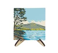 Scottish Lochs Ceramic Coaster Set - UK Scottish Landmarks/Landscapes Square Set of Four (4) Coasters Gift & Wood-Effect Coaster Stand