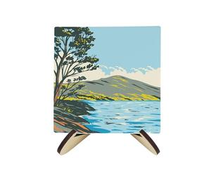 Scottish Lochs Ceramic Coaster Set - UK Scottish Landmarks/Landscapes Square Set of Four (4) Coasters Gift & Wood-Effect Coaster Stand