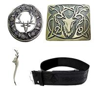 Scottish Masonic Embossed Leather Kilt Belt with Buckle Pin & Brooch Stag Head Badge Set (XXL)