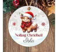 Scottish Pride Nollaig Chridheil Personalised Bauble Highland Cow Stag Teddy Thistle Designs Personalised Christmas Tree Name Decoration (Highland Cow, MDF Wood - Indoor use only)