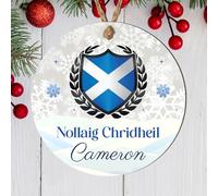 Scottish Pride Nollaig Chridheil Personalised Bauble Highland Cow Stag Teddy Thistle Designs Personalised Christmas Tree Name Decoration (Shield, MDF Wood - Indoor use only)