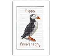 Scottish Puffin, Happy Anniversary - 14 Count Cross Stitch Card Kit