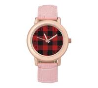 Scottish Red Checkered Black Twill Ladies Watches Easy Read with Leather Strap