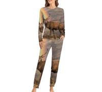 Scottish Red Deer Stag And Rainbow Women's Pajama Set Long Sleeve Top Sleep Pant Pjs 2 Piece M